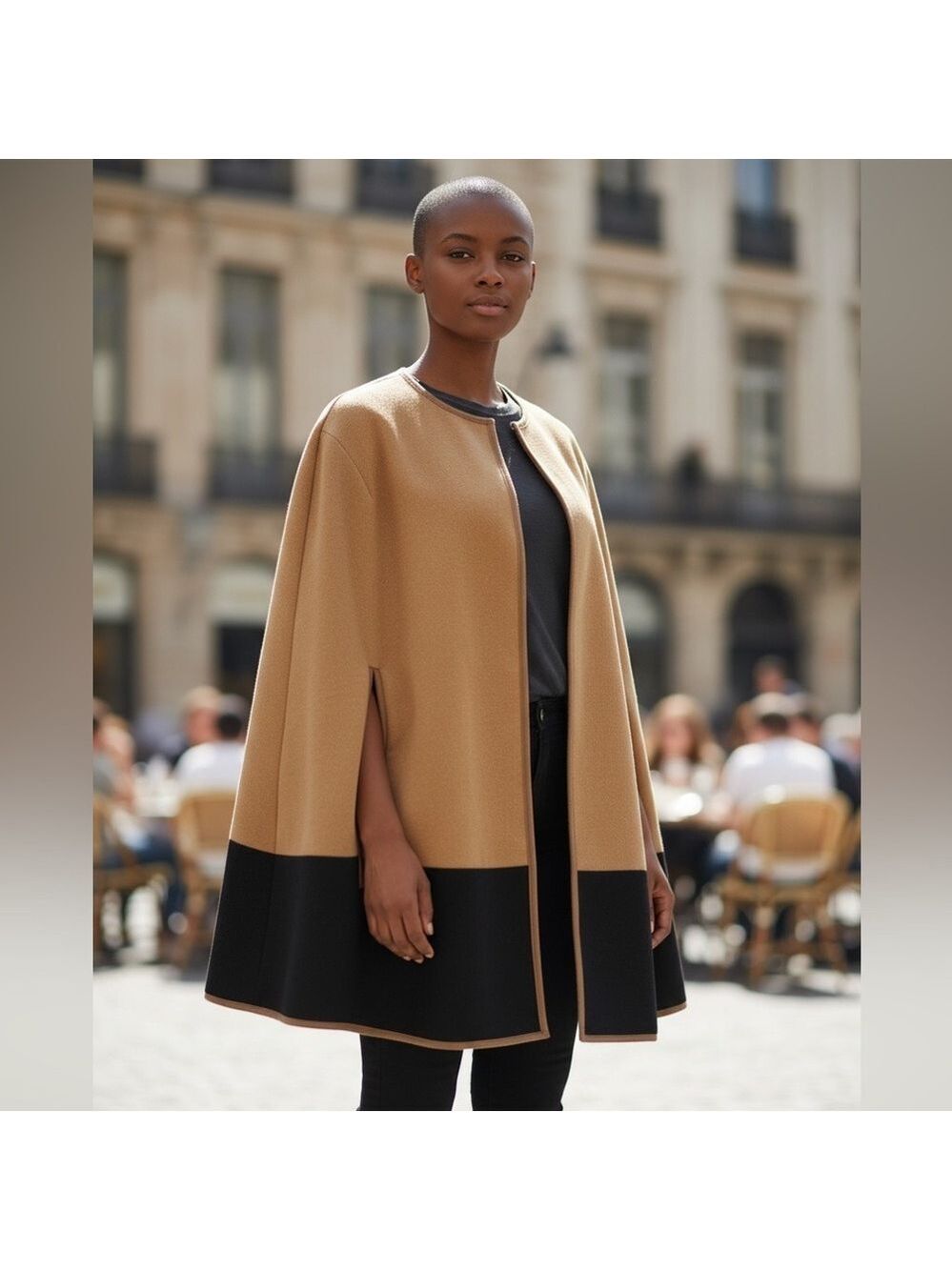 BCBGENERATION TAN & BLACK COLORBLOCK CAPE SHRUG LAGENLOOK MINIMALIST WHIMSY OS